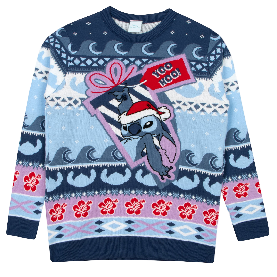 A Christmas themed sweater featuring an illustration of the character Stitch from the movie 'Lilo & Stitch', with a 'Yo Ho Ho!' text tag, on a navy blue background with a floral and pattern design.