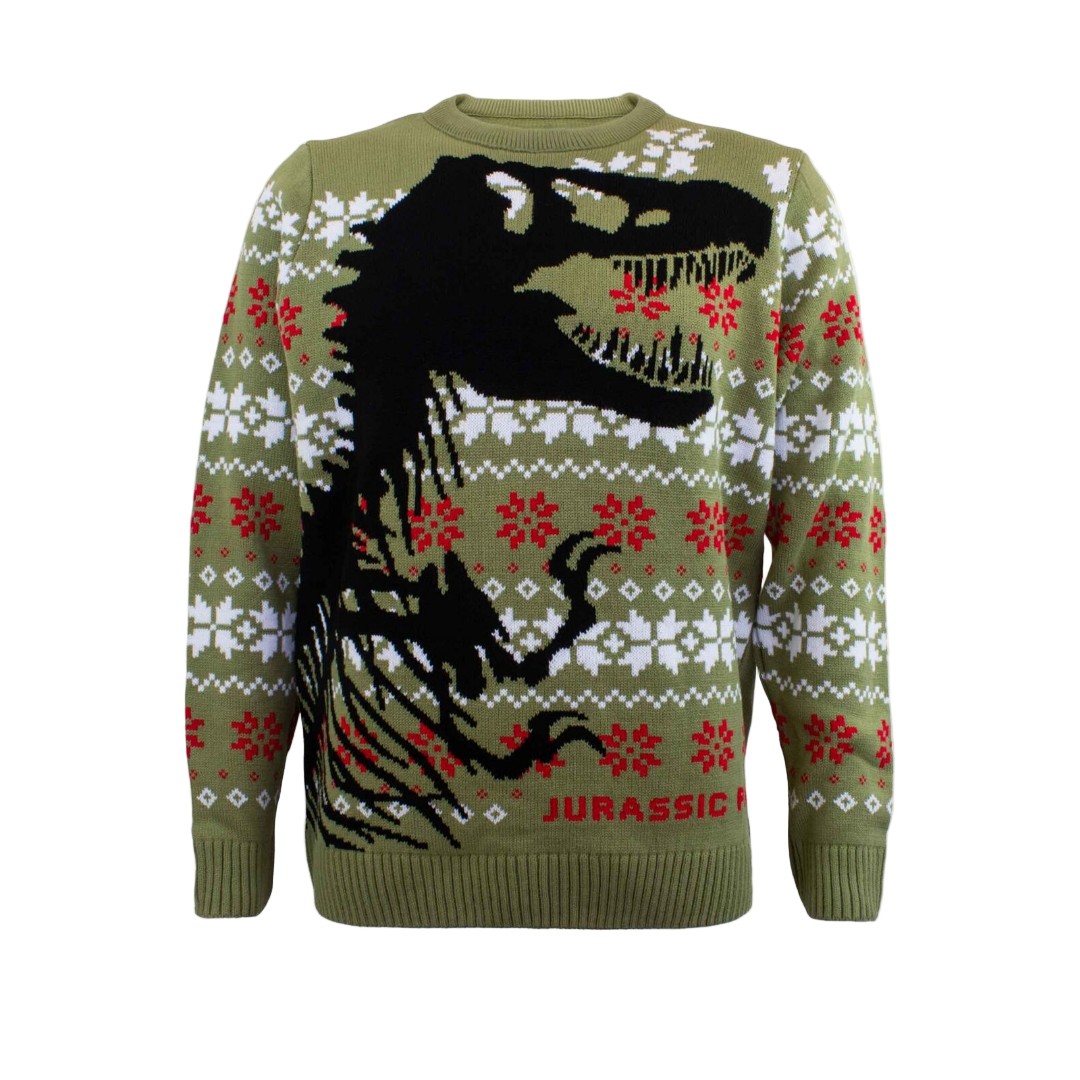 A Christmas jumper featuring a Jurassic Park theme with a dinosaur design on a green background with red and white snowflakes.