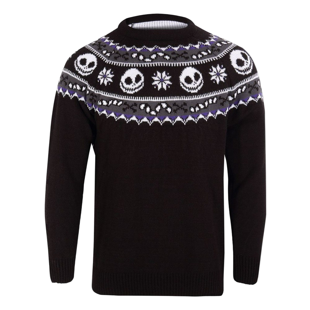 A black Christmas jumper featuring a geometric pattern with skull designs, snowflakes, and the color purple.