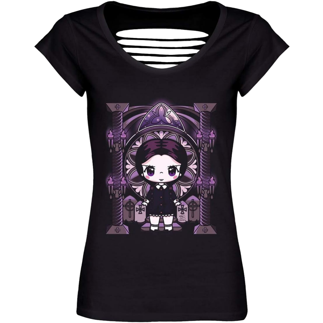 This image features a stylish Chibi Wednesday Razor Back T-shirt. The t-shirt is black, providing a sleek and versatile look.