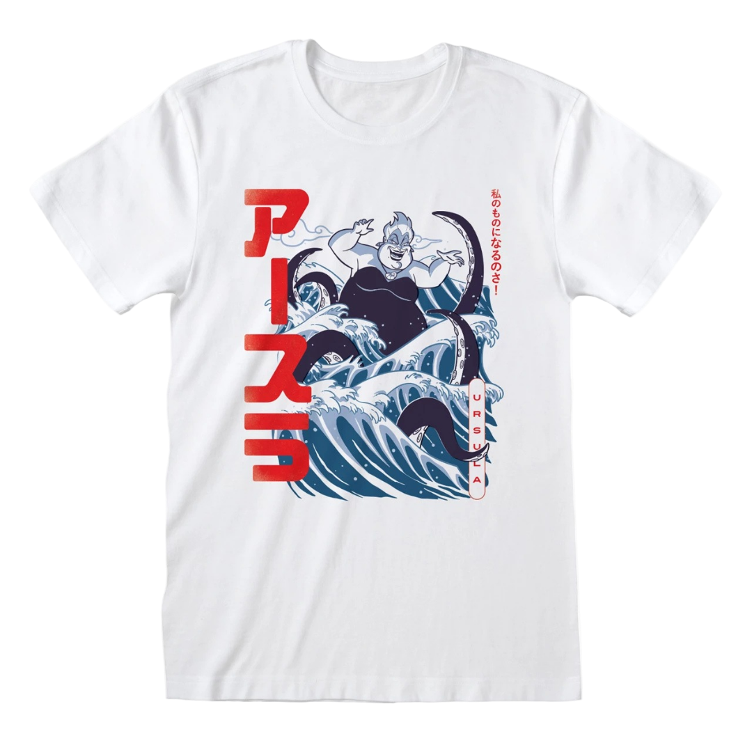 A white Disney T-shirt featuring a graphic design of the character Ursula from The Little Mermaid with Japanese text on the front.