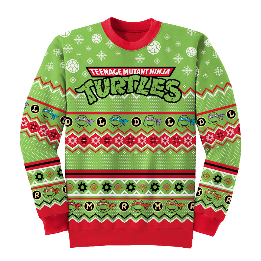 A Christmas jumper featuring 'Teenage Mutant Ninja Turtles' text and characters in a festive pattern with red and green colors.