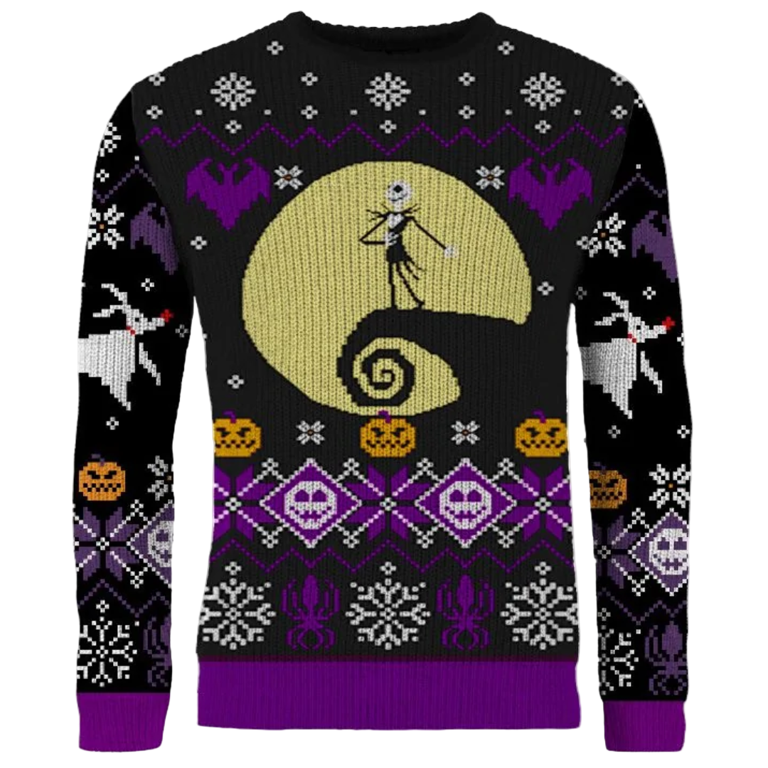 A black sweater with a pattern featuring the character Jack Skellington from 'The Nightmare Before Christmas' along with various Halloween and Christmas themed icons.