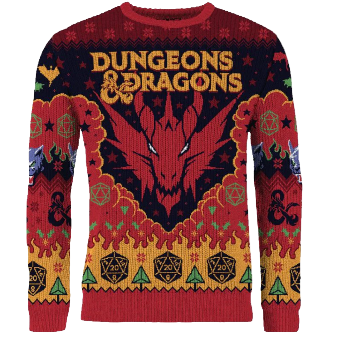 Dungeons & Dragons sweater with dragon design and colorful patterns
