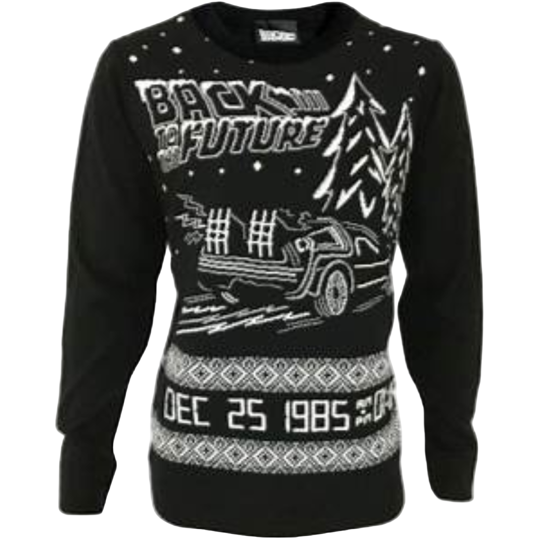 A black sweatshirt with a 'Back to the Future' themed design featuring a car, trees, and text.