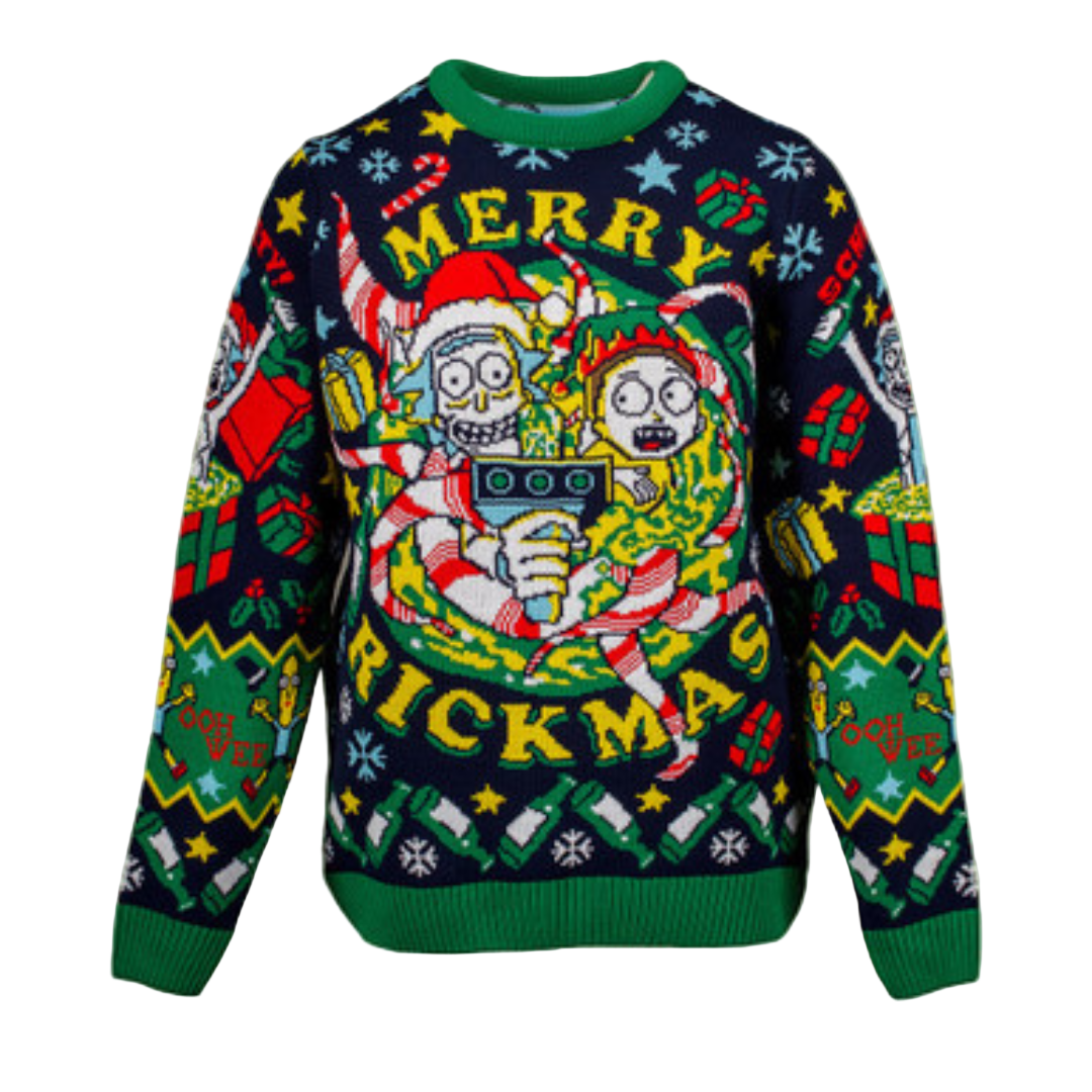 A Christmas themed sweater with 'Merry Rickmas' text and cartoon characters from the show Rick and Morty.