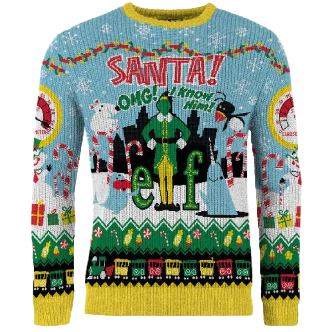 Christmas sweater with festive design featuring characters and text on a blue background