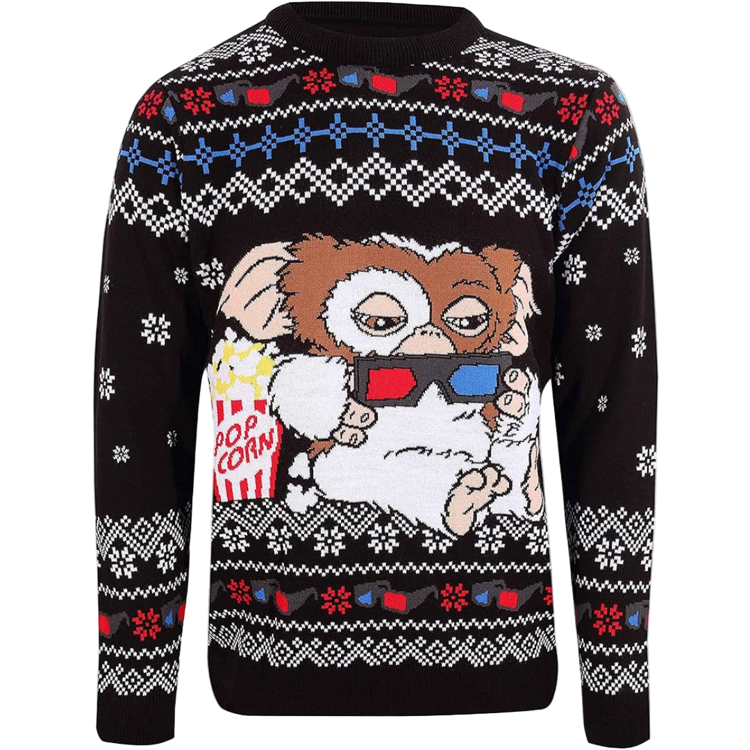 A black Christmas sweater featuring a cartoon depiction of a character resembling a gremlin, with sunglasses and a popcorn, surrounded by snowflake patterns.