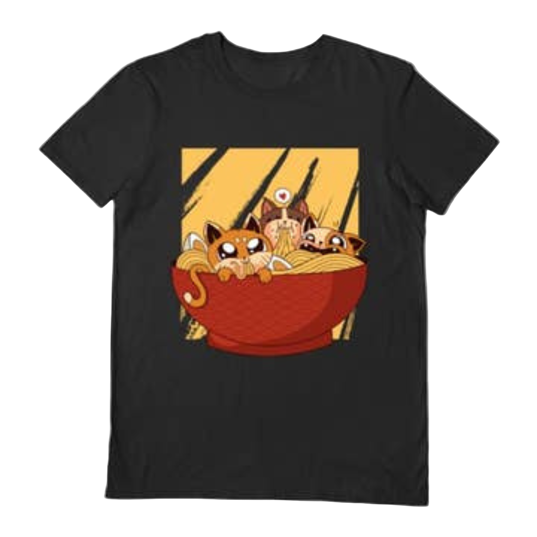 A black T-shirt featuring a colorful graphic of animated animals, including cats, inside a bowl.