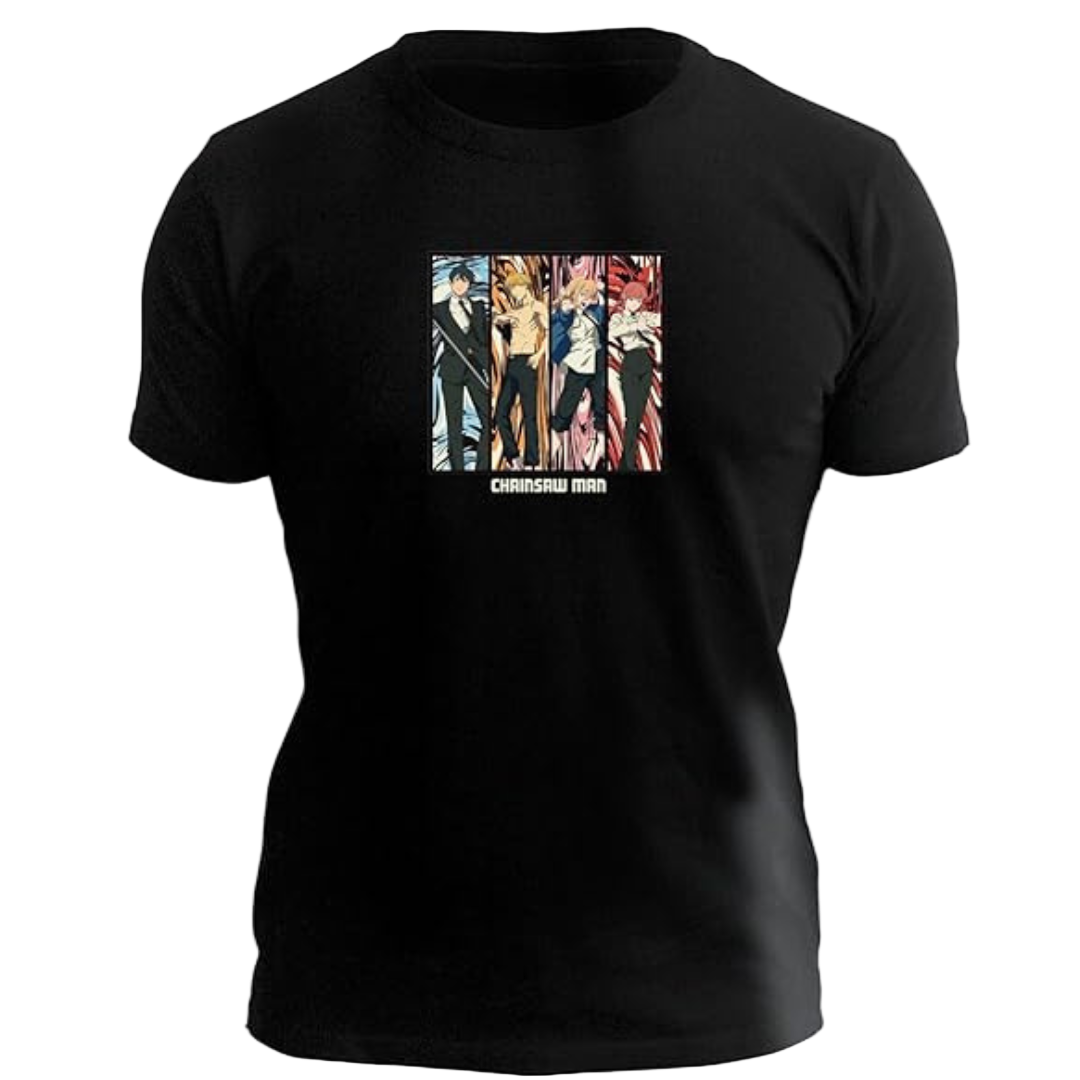 A black crew neck t-shirt with a graphic print of anime characters from the series Chainsaw Man.