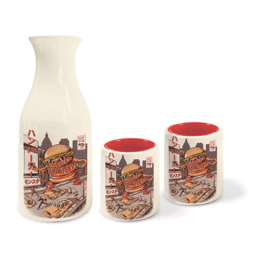 Burgerzilla Sake Bottle & 2 Cups