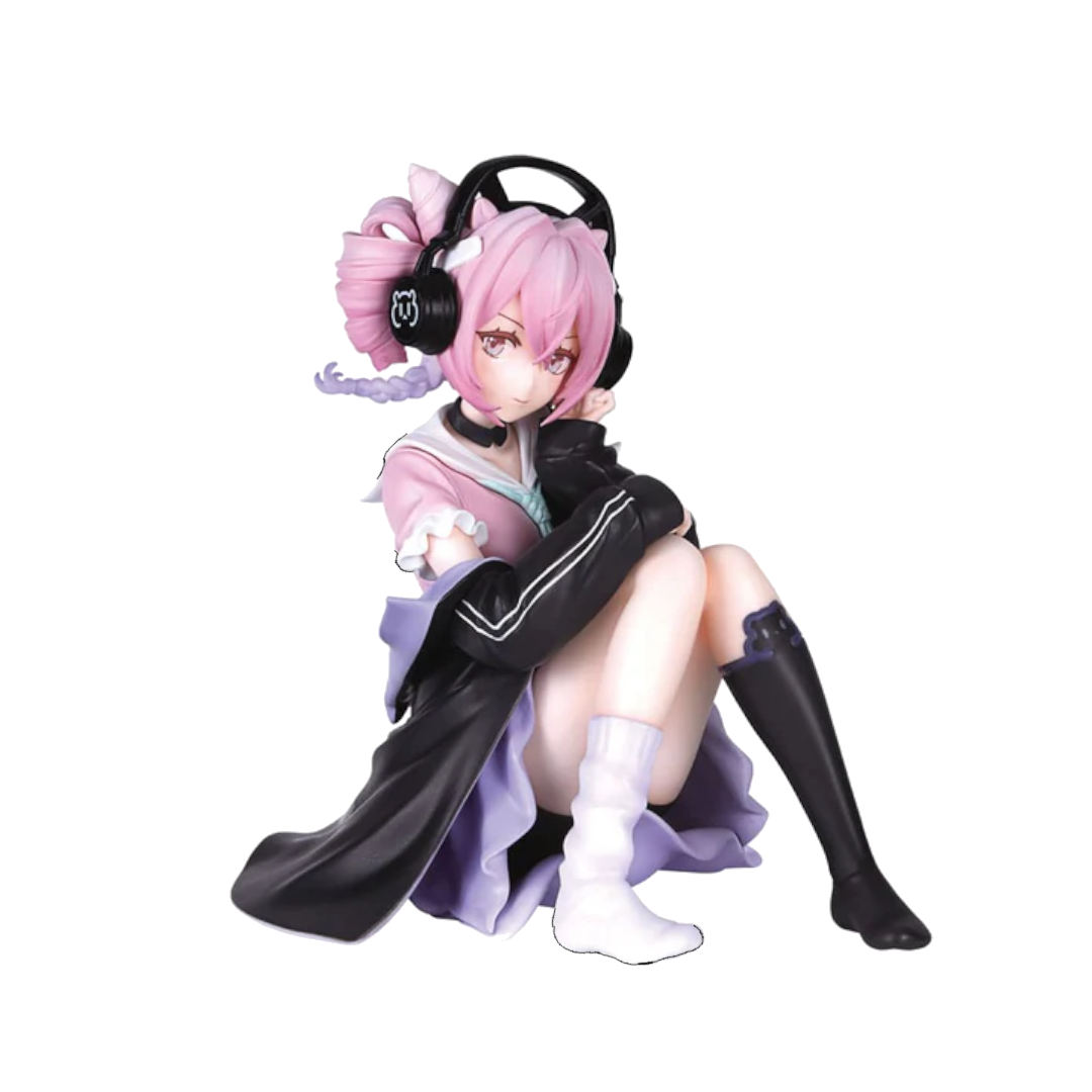 Anime character figurine with pink hair and headphones on a white background