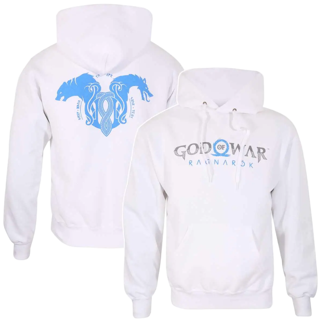 White hoodie with blue graphics and text on a white background