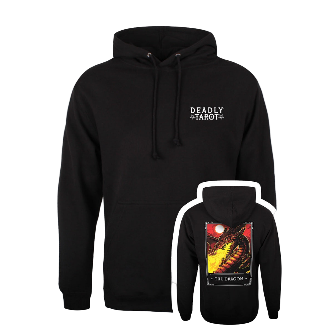 A black hoodie with a graphic print of a dragon on the back, and text that reads 'DEADLY TAROT' on the front.