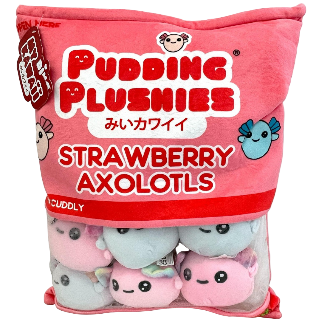 Packaged strawberry axolotl plushies with pink and red label on a white background