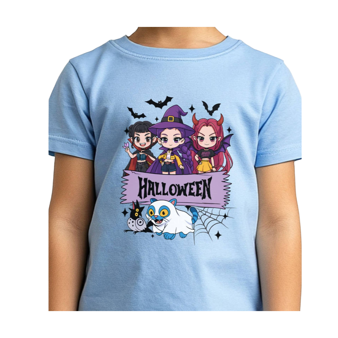 Kids Spooky K-Pop Halloween Printed T-Shirt - Powder Blue