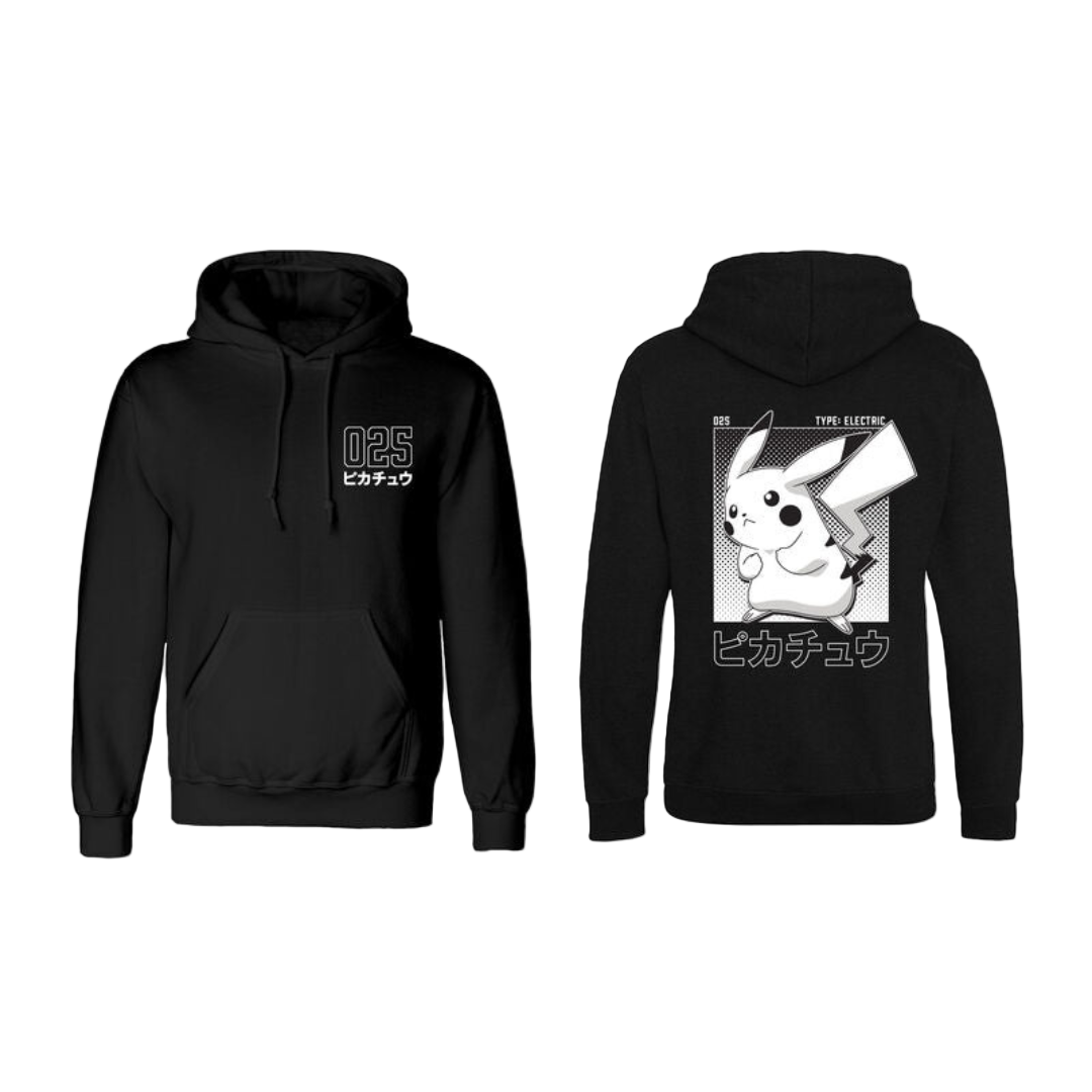 Black hoodie with Pikachu design on a white background