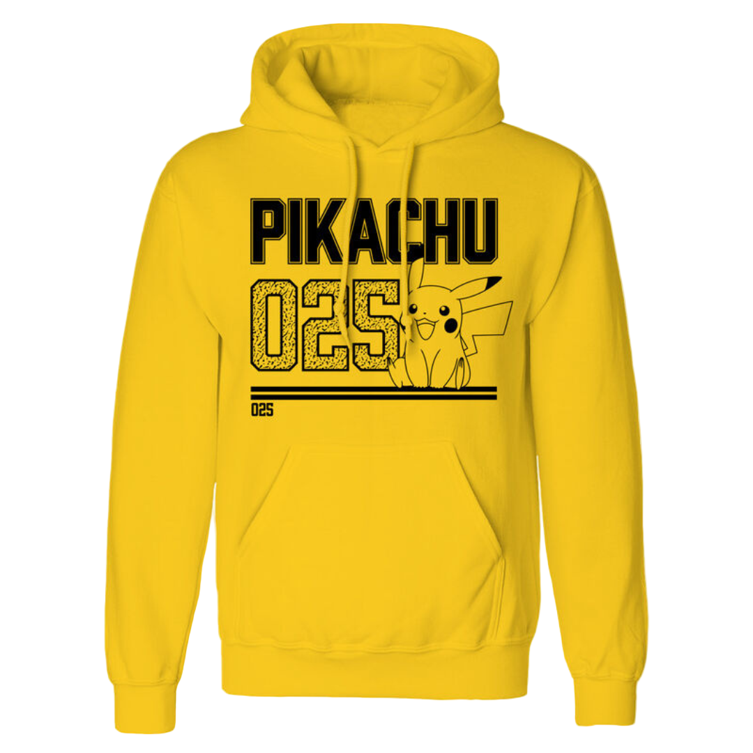 Yellow hoodie with Pikachu design and text on a white background