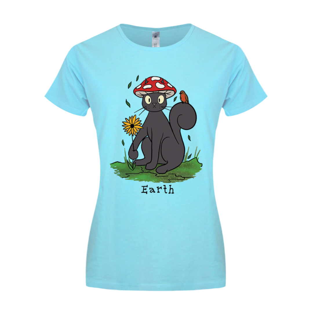 Spooky Cat Earth Ladies Turquoise T-Shirt