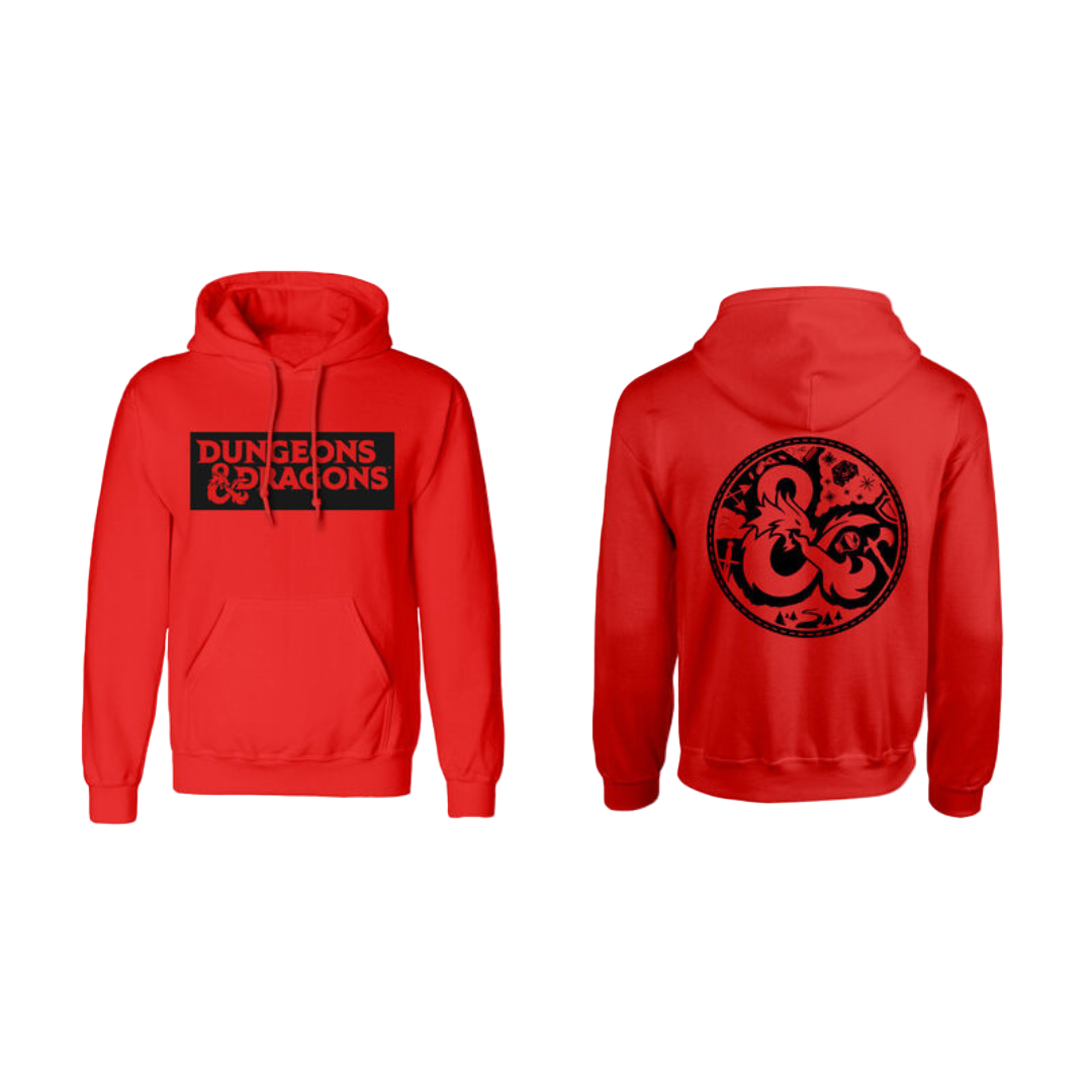 Red hoodie with 'Dungeons & Dragons' logo on front and dragon design on back