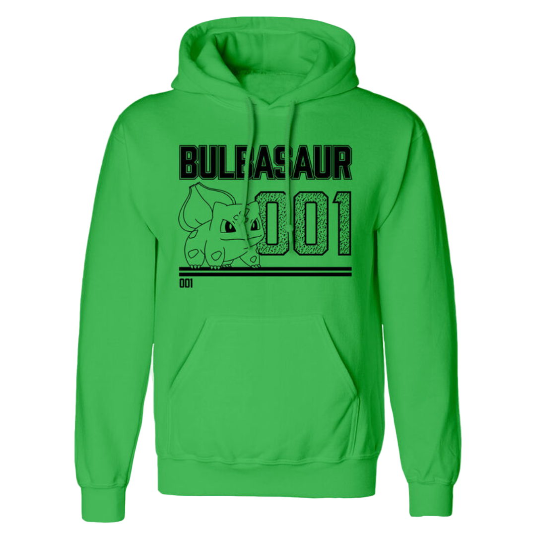 Green hoodie with 'Bulbasaur 001' design on a white background