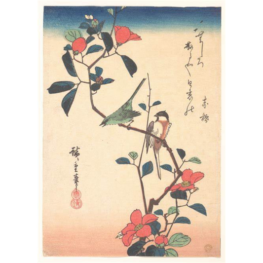 utagawa hiroshige (Japanese White-eye and Titmouse on a Camellia Branch, ca. 1840) Framed Poster