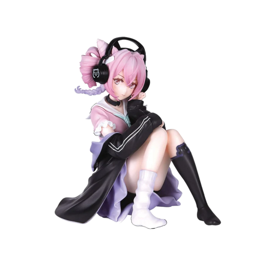 Anime character figurine with pink hair and headphones on a white background