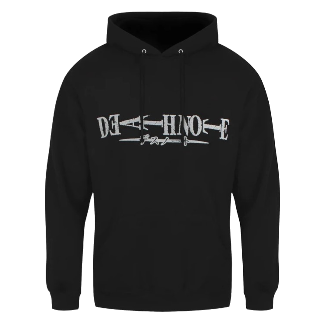 Black hoodie with 'DEATH NOTE' text design on a white background