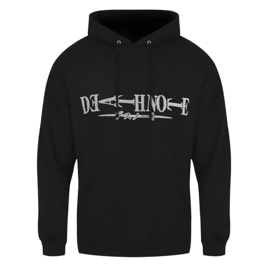 Black hoodie with 'DEATH NOTE' text design on a white background