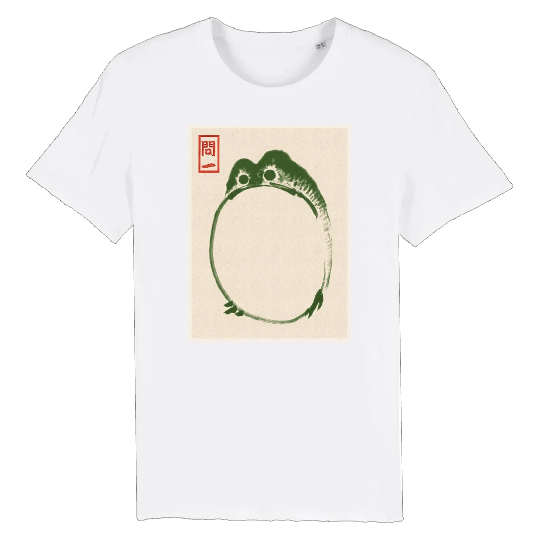 White t-shirt with a green frog graphic and red stamp on a beige background