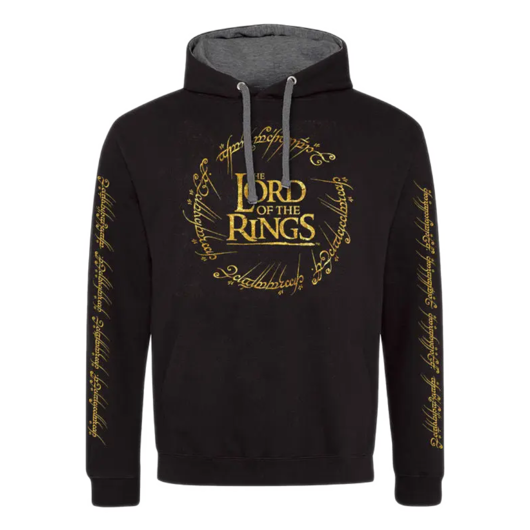 Black hoodie with 'The Lord of the Rings' logo in gold on a white background