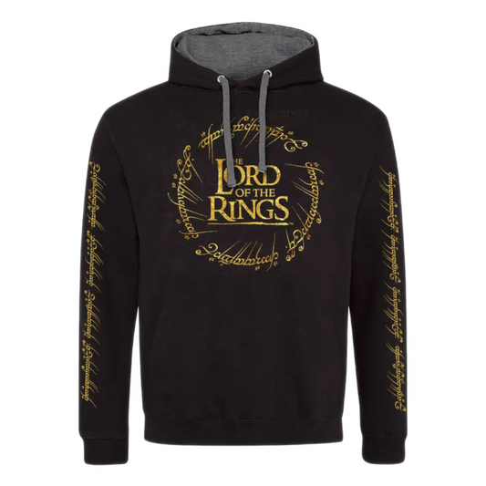 Black hoodie with 'The Lord of the Rings' logo in gold on a white background