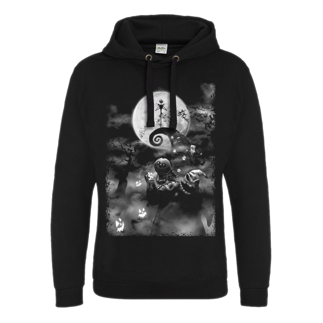Black hoodie with a graphic design of a moon and characters on a white background