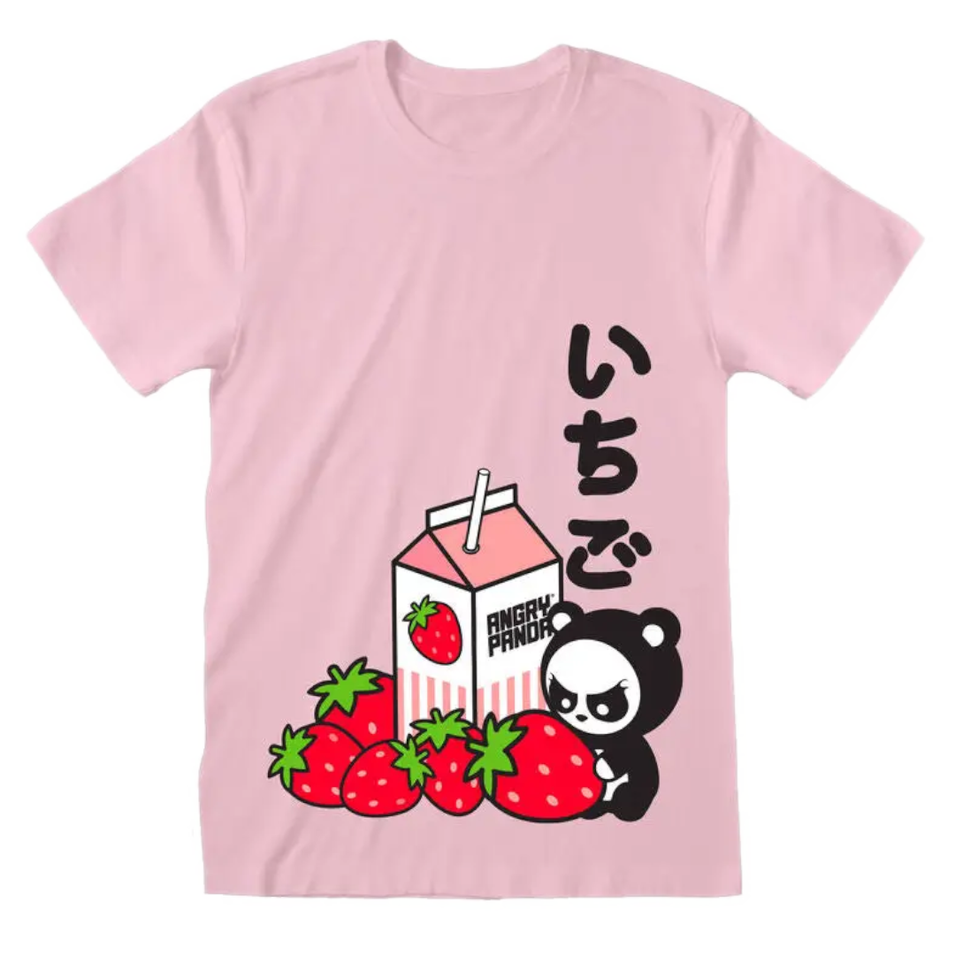 Pink t-shirt with cartoon panda, strawberry carton, and Japanese text on a white background