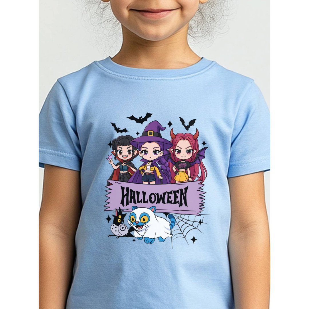 Kids Spooky K-Pop Halloween Printed T-Shirt - Powder Blue