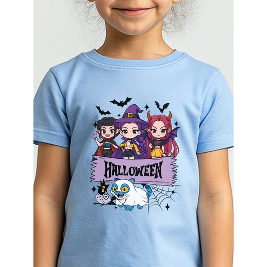 Kids Spooky K-Pop Halloween Printed T-Shirt - Powder Blue