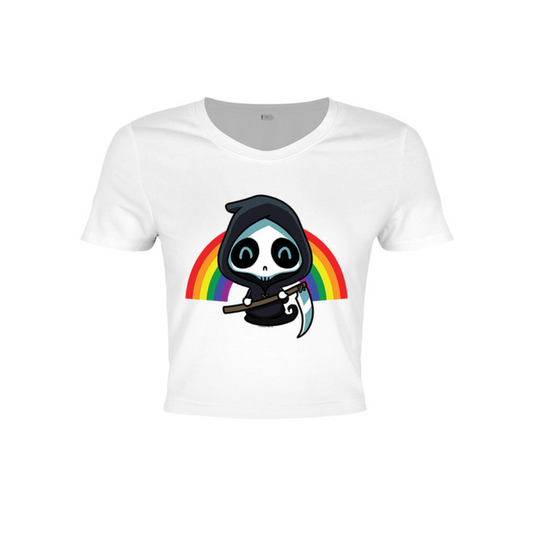 Rainbow Reaper Ladies White Crop Top