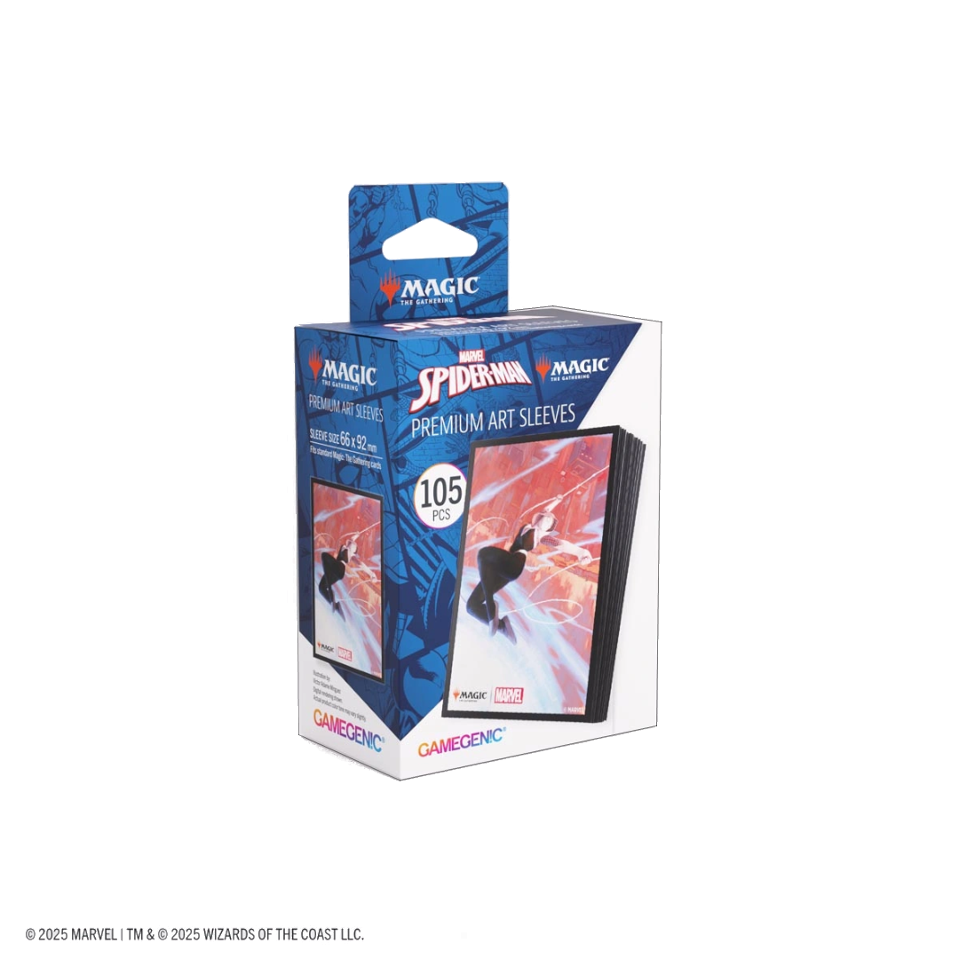 Pack of Marvel Spider-Man premium art sleeves with Gamegenic branding on a white background