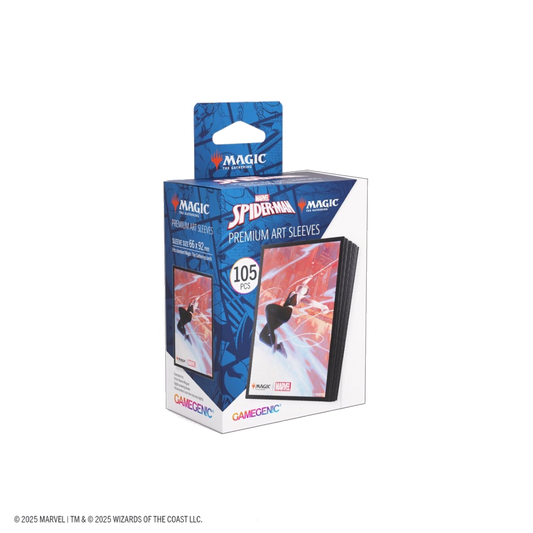 Pack of Marvel Spider-Man premium art sleeves with Gamegenic branding on a white background