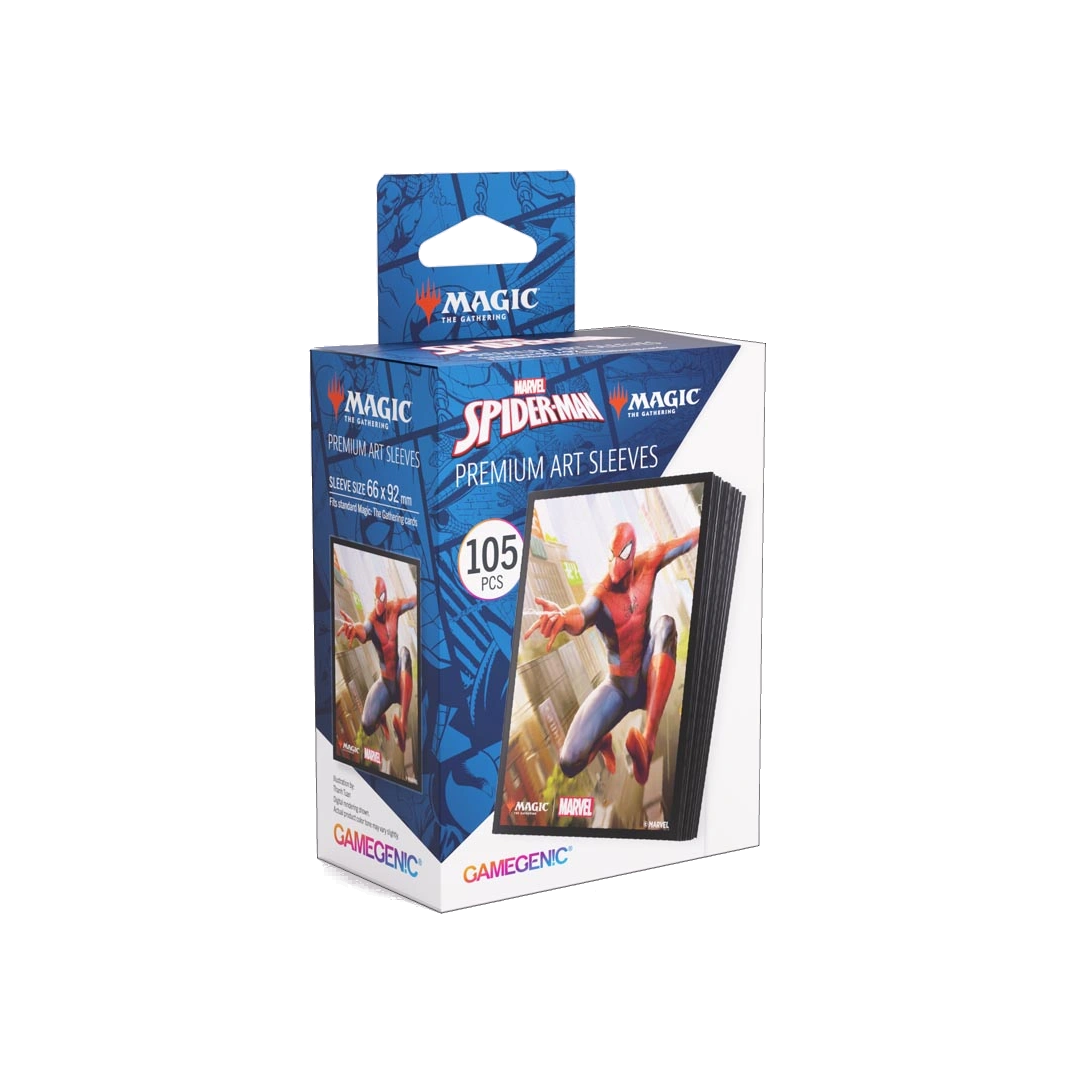 Box of Marvel Spider-Man premium art sleeves with Gamegenic branding on a white background