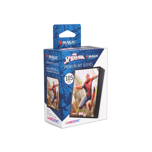Box of Marvel Spider-Man premium art sleeves with Gamegenic branding on a white background