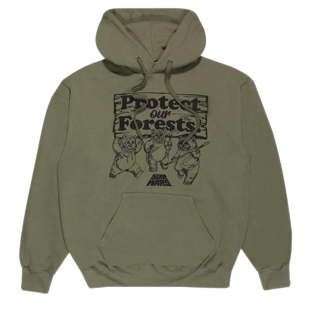 Green hoodie with 'Protect our Forests' graphic on a white background