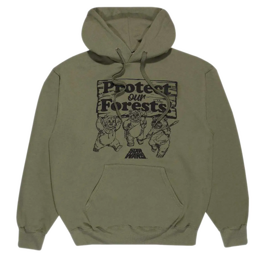 Green hoodie with 'Protect our Forests' graphic on a white background
