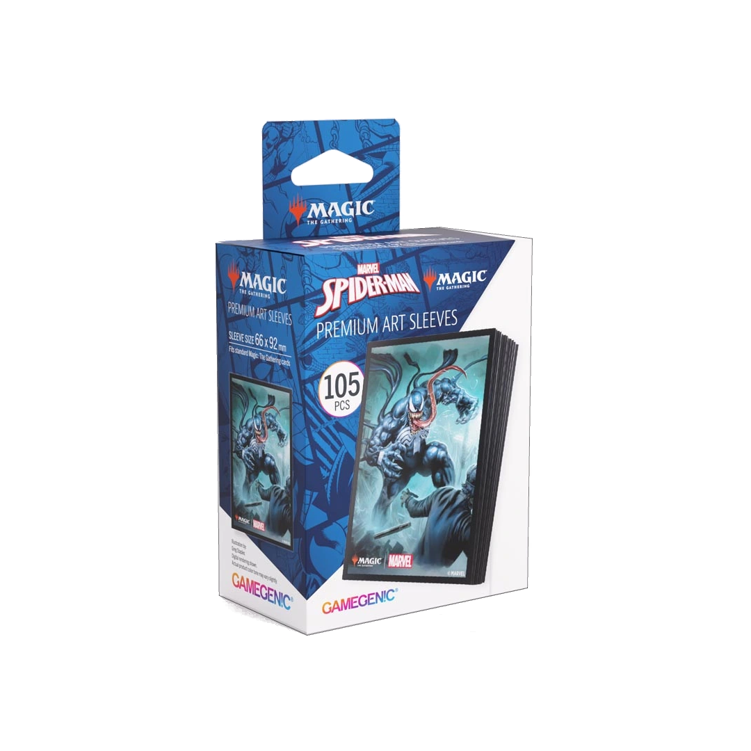 Packaging of Spider-Man premium art sleeves with Gamegenic branding on a white background