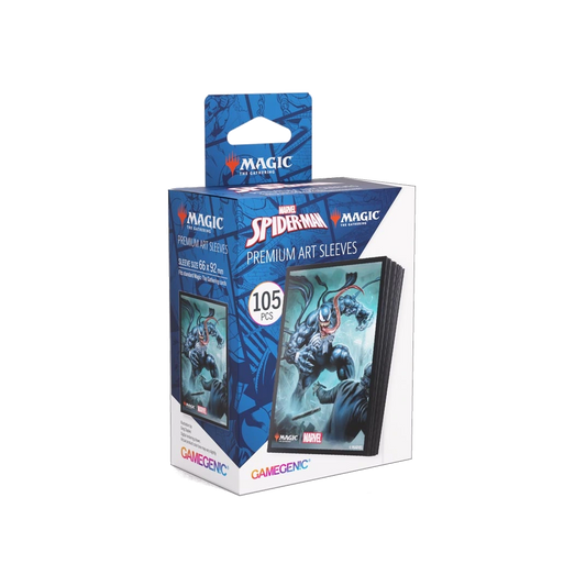 Packaging of Spider-Man premium art sleeves with Gamegenic branding on a white background